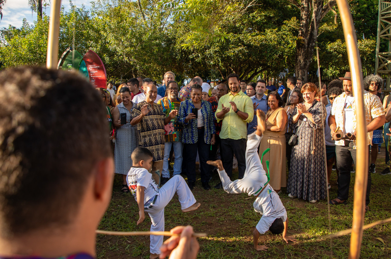 Margareth Menezes e João Jorge Rodrigues, da Fundação Palmares, participam da cerimônia na Serra da Barriga, que contou com apresentações artísticas. Fotos: Victor Vec/ MinC