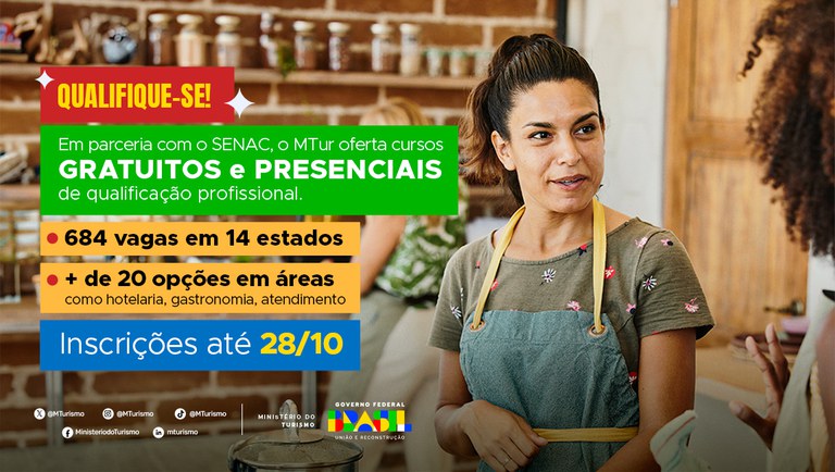 MTur abre inscrições para cursos presenciais gratuitos de qualificação profissional em parceria com SENAC. Foto: Divulgação MTur